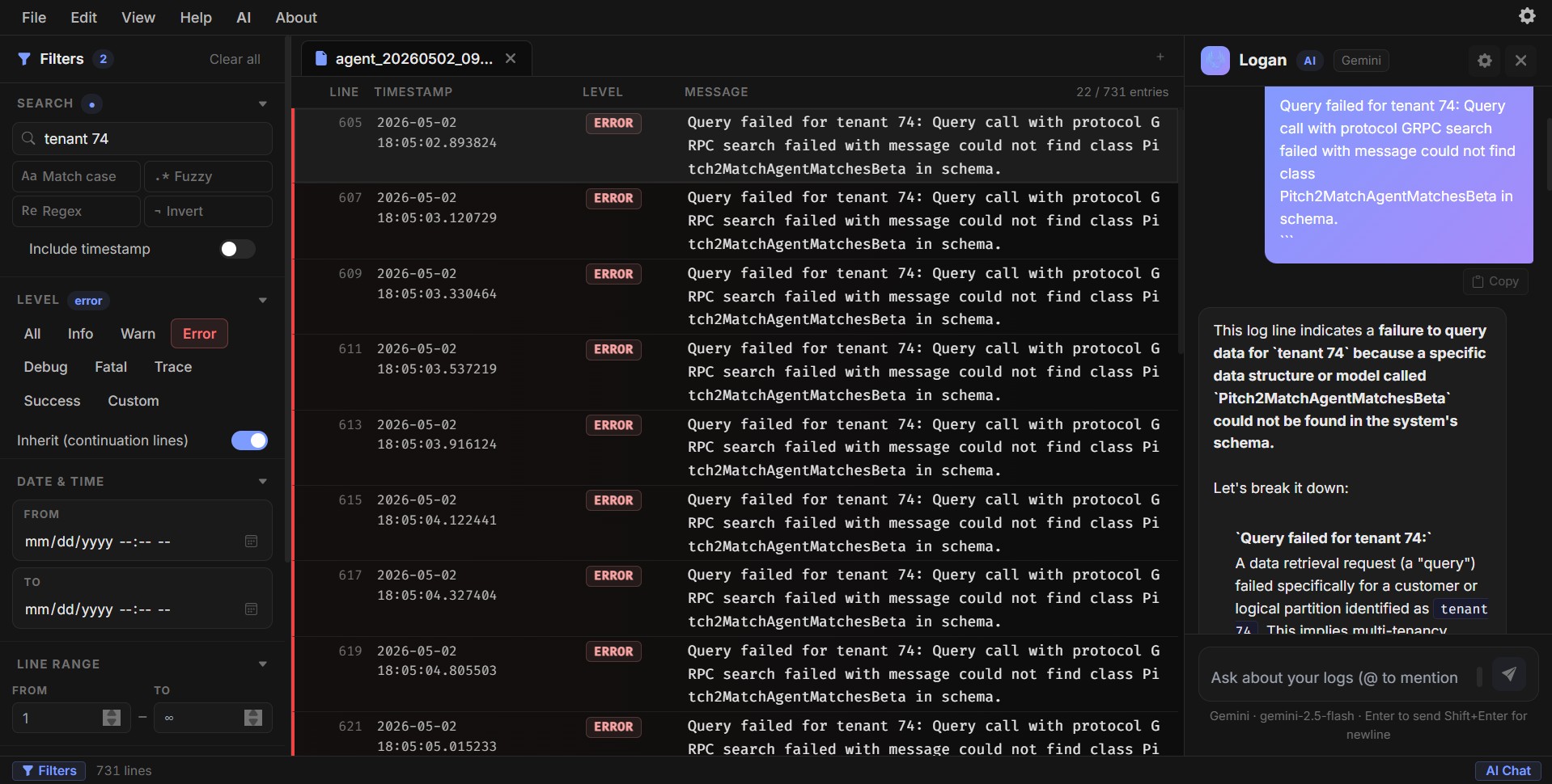 Logarithm dark theme with AI chat